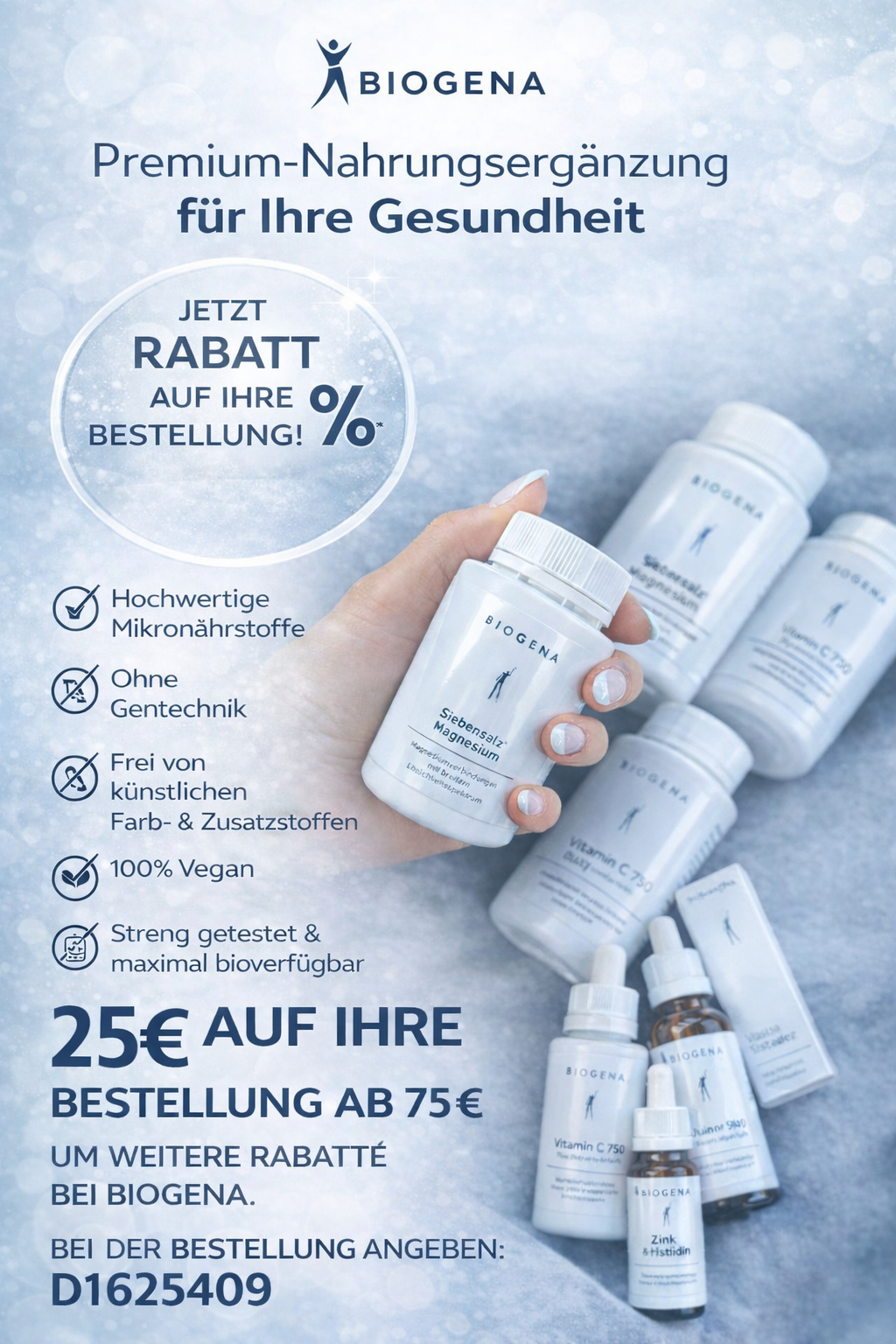 Mehrere weiße Nahrungsergänzungsmittel-Dosen mit blauem Biogena-Logo auf hellem Hintergrund